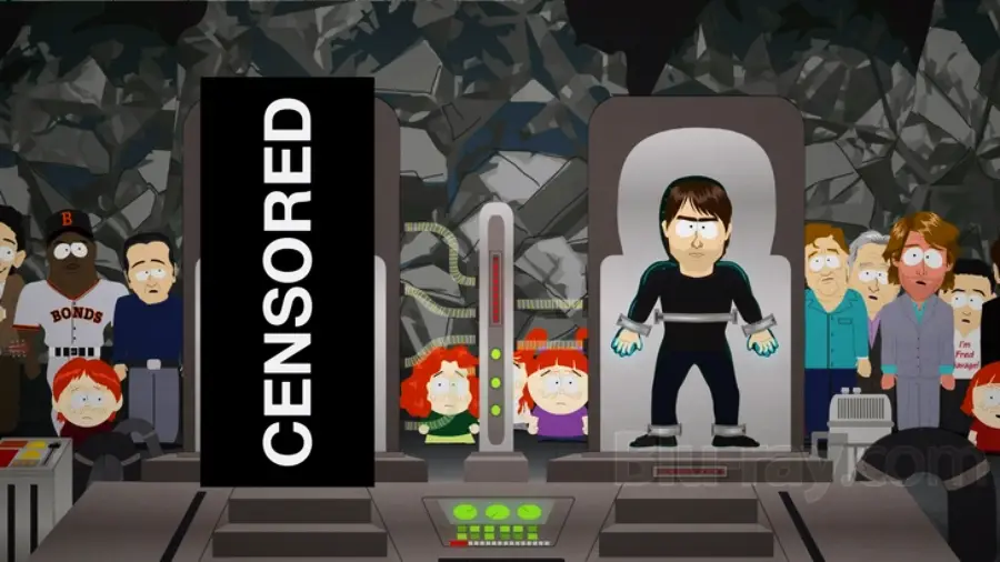 A cartoon scene shows a man standing in a machine, surrounded by shocked onlookers. A large black bar labeled "CENSORED" covers part of the image. The background is dark and chaotic.