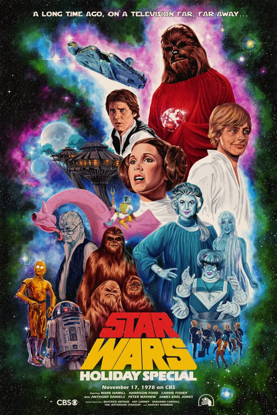 Colorful "Star Wars Holiday Special" poster with main characters like Luke, Leia, Han, Chewbacca, droids, and various aliens, set against a space and rainbow cloud background. Premiered on CBS, November 17, 1978.