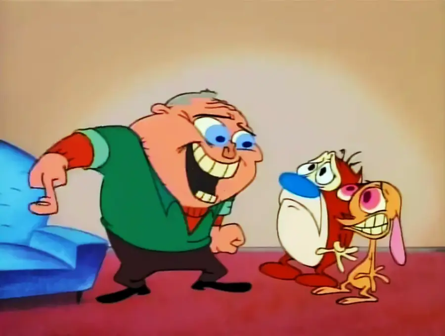 A smiling, animated man gestures toward a blue couch while two distressed cartoon characters, a dog and a cat, stand nearby in a plain room with a tan wall and red floor.