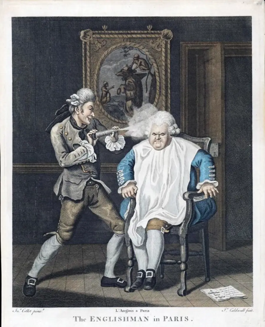 A startled barber accidentally sprays powder onto an annoyed, elderly man’s face while giving him a shave in a fancy room with a framed painting in the background.