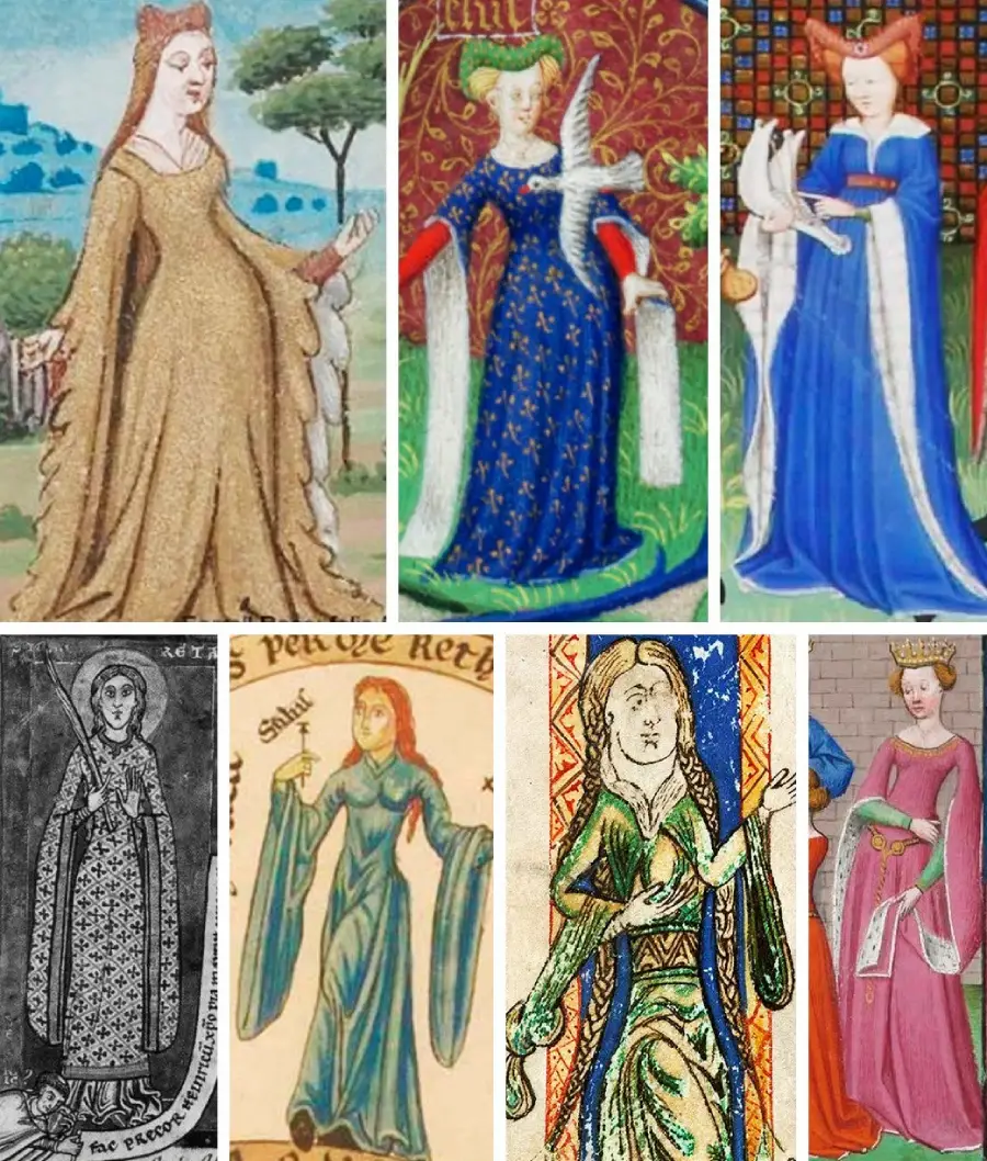 A collage of seven medieval illustrations of women wearing long dresses in various colors and styles, some holding animals or objects, set against outdoor and patterned backgrounds.