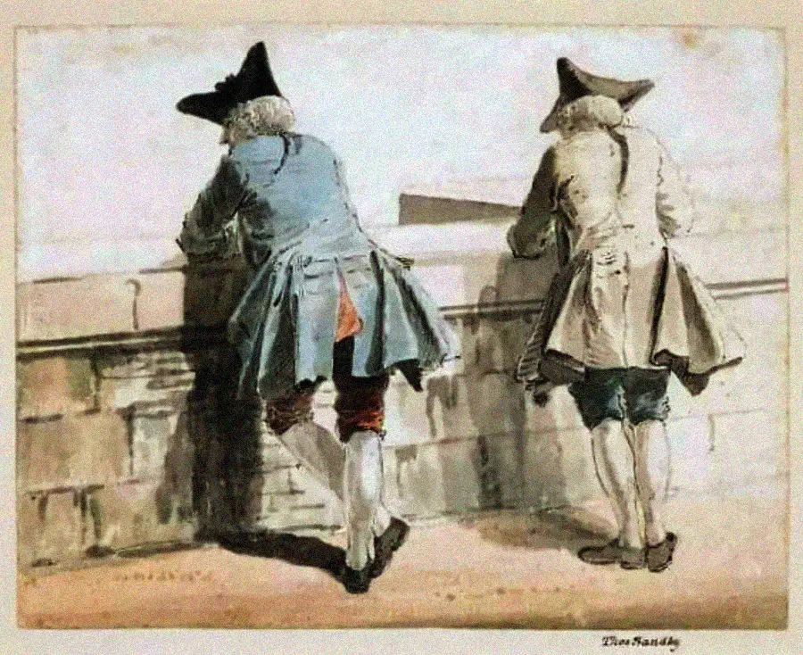 Two men in 18th-century attire, wearing tricorn hats and knee-length coats, stand with their backs to the viewer, leaning over a stone wall and looking at something in the distance.