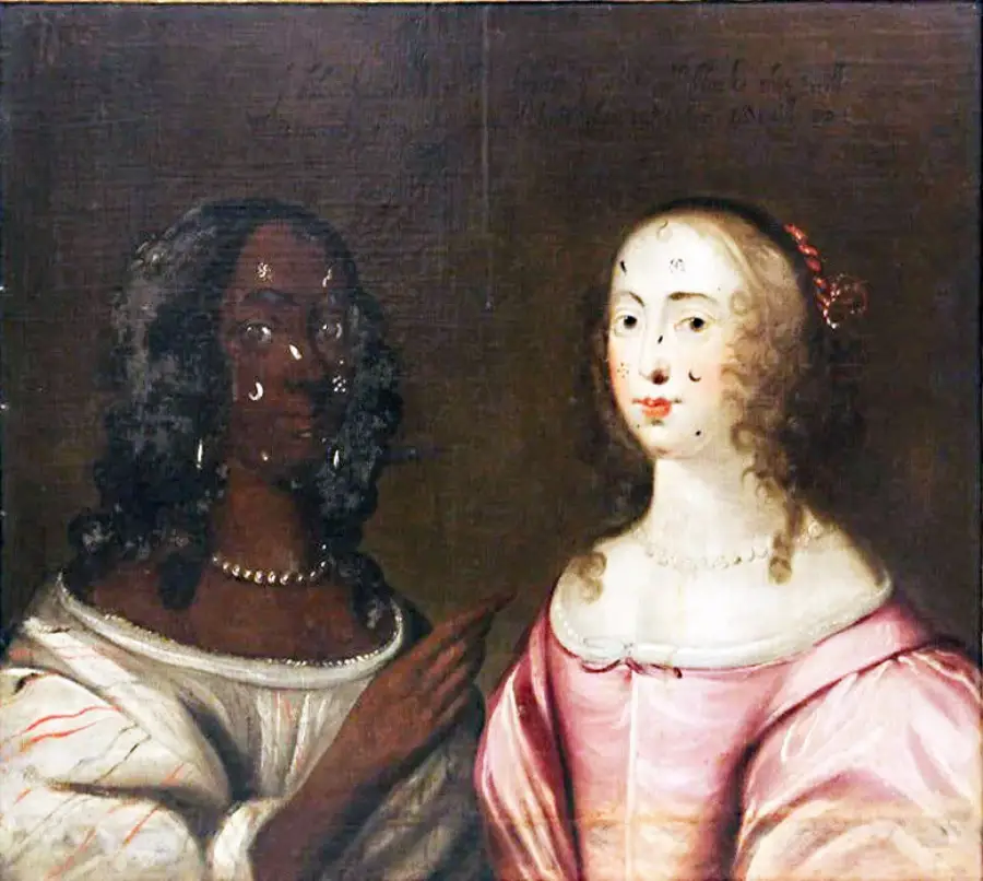 Two women in 17th-century clothing pose side by side; one has dark skin, wavy hair, and pearl jewelry, while the other has light skin, curly hair, and wears a pink dress with a ribbon in her hair.
