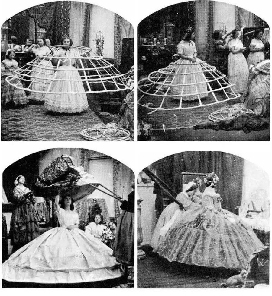 Four black-and-white images show women in 19th-century dresses being fitted with large hoop skirts and crinolines, assisted by others, demonstrating the structure and volume of historical fashion undergarments.