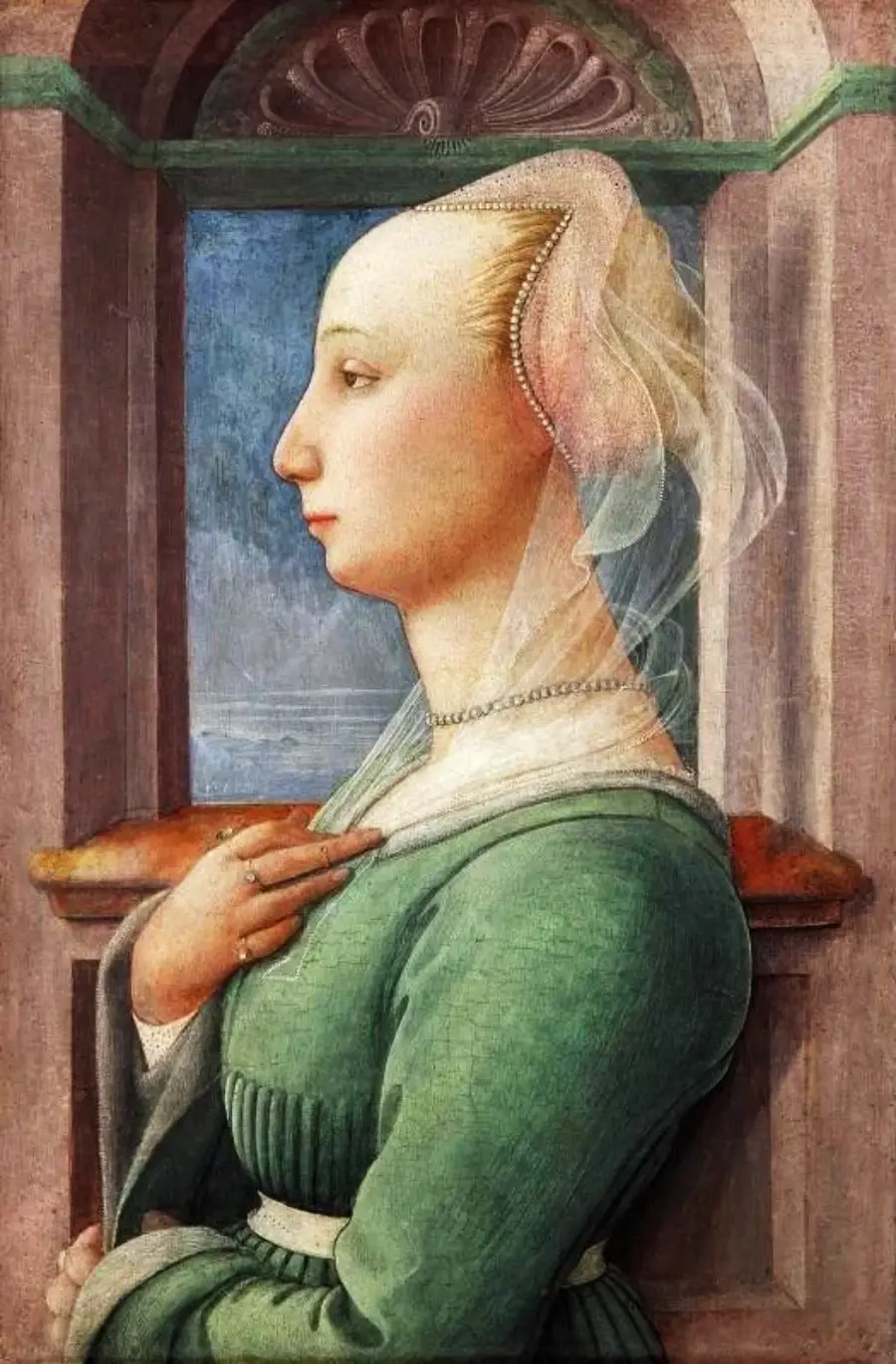 A Renaissance-style painting of a woman in profile wearing a green dress, sheer veil, and pearl necklace, with her hand on her chest, standing before a window with an arched frame and scenic background.