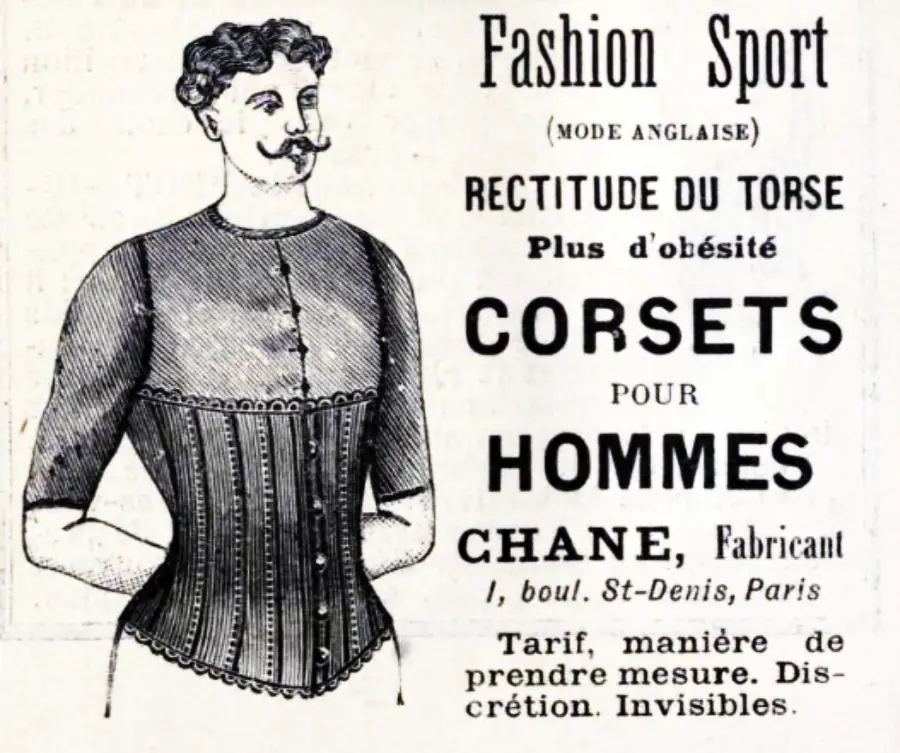 Vintage French advertisement showing a man with a mustache wearing a corset. The text promotes men's corsets for posture and obesity, made by Chane in Paris, and mentions discreet, invisible garments.