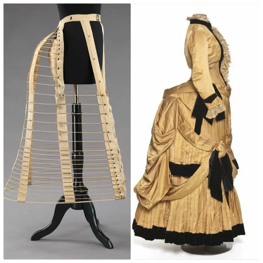 Side-by-side image: on the left, a cream-colored Victorian bustle cage frame on a mannequin; on the right, a gold and black Victorian dress with a bustle, showing how the frame shapes the dress’s back.