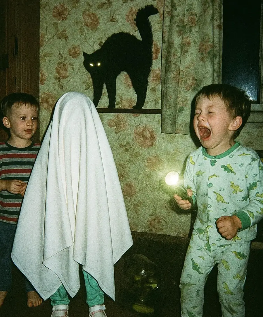 Three children play indoors; one wears pajamas and screams with laughter, another stands calmly, and a third is covered by a sheet like a ghost. A black cat with glowing eyes stands on a windowsill behind them.