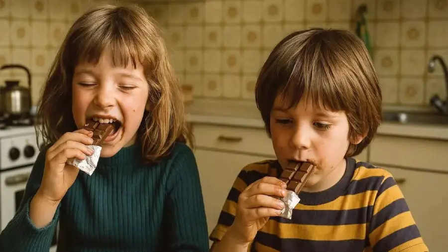 Two young children sitting in a kitchen eat chocolate bars, smiling and enjoying their treat. The kitchen background has beige tiles and a stove is visible on the left.