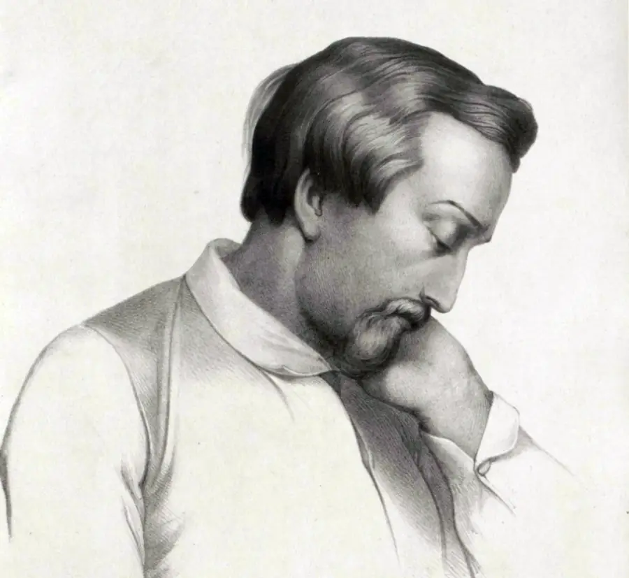 A black-and-white sketch of a man with neatly parted hair and a goatee, resting his head on his hand in a thoughtful pose, wearing a collared shirt.