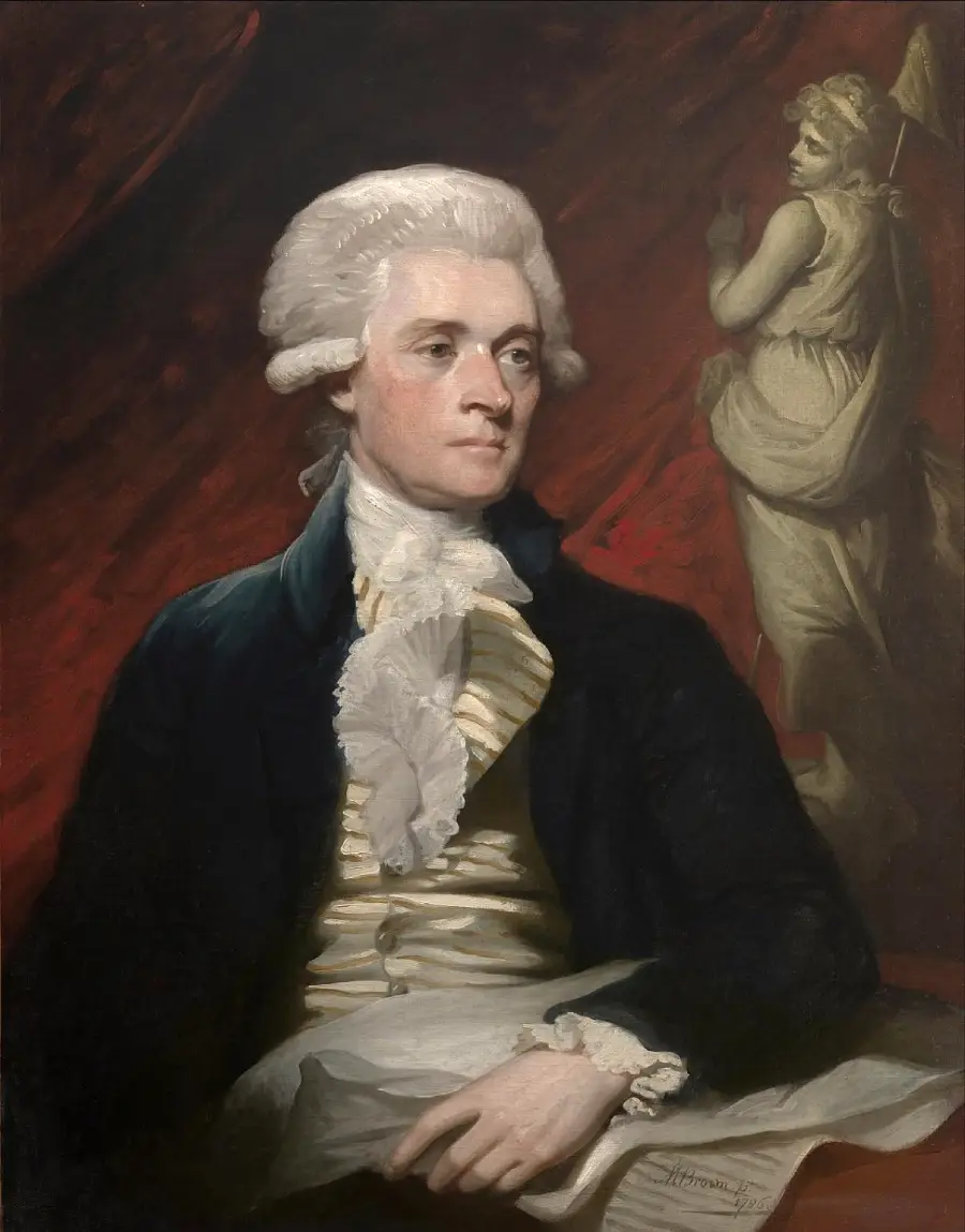 A man in 18th-century clothing with white hair sits holding papers, gazing to his left. A classical statue stands in the background. The setting is formal with dark, rich colors.