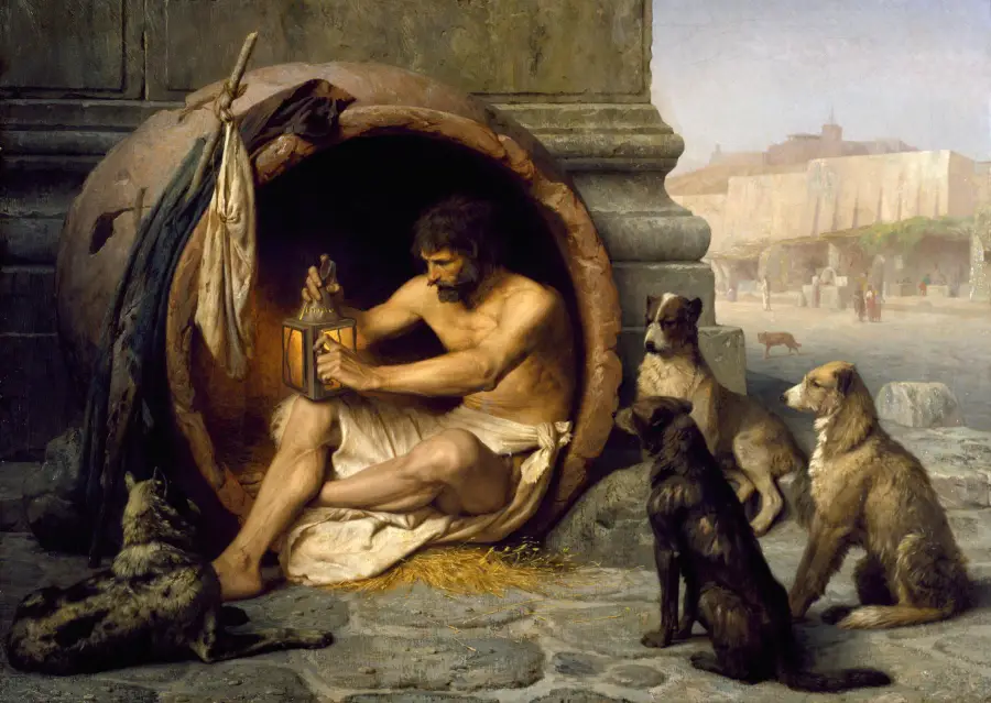 A bearded man in a robe sits inside a large clay jar, holding a lantern, surrounded by four attentive dogs. The background shows ancient architecture and people walking in the distance.