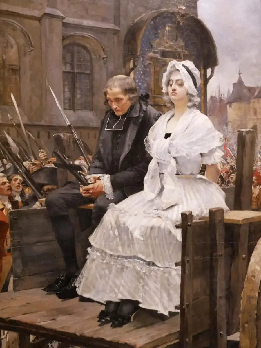 A man and a woman in historical clothing sit on a wooden platform, hands bound, surrounded by soldiers with bayonets and a crowd in the background, suggesting a scene before execution.