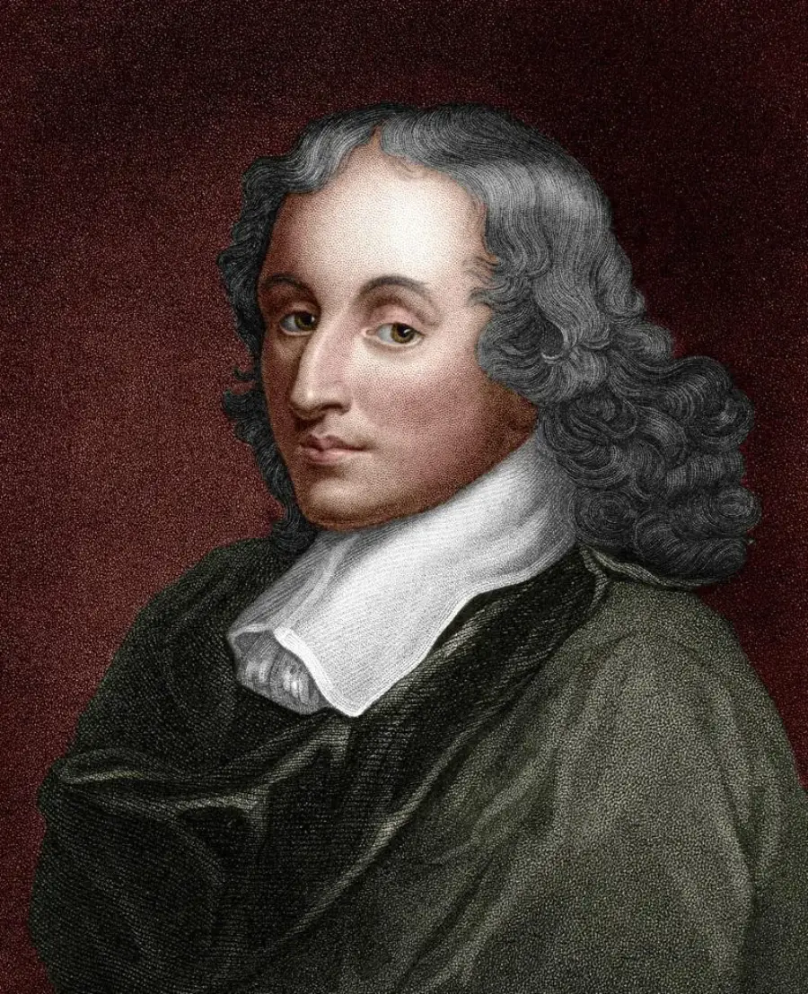 A historical portrait of a man with shoulder-length curly hair, wearing a high white collar and dark clothing, set against a dark red background.