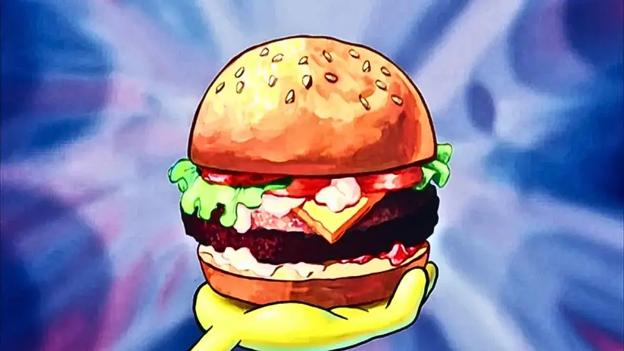 A cartoon hand holds up a colorful burger with lettuce, tomato, cheese, and sauce against a vibrant, blue and purple abstract background.