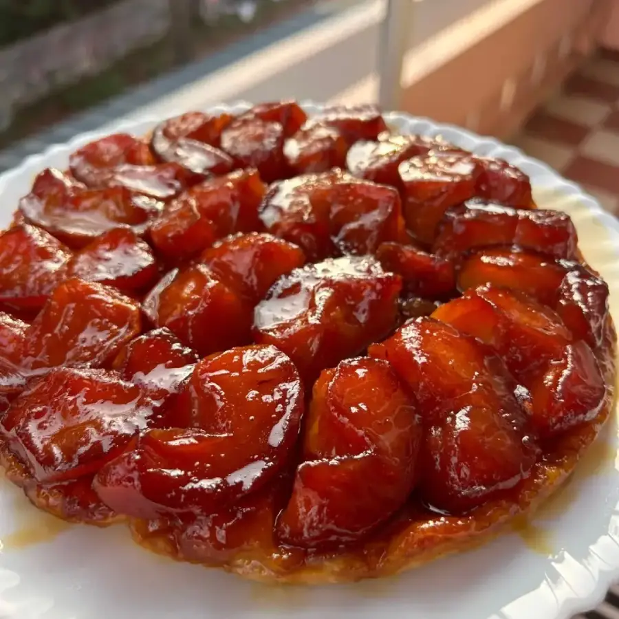 A close-up of a glossy, caramelized tarte Tatin with golden-brown apple slices arranged neatly on a white plate, set against an outdoor background.
