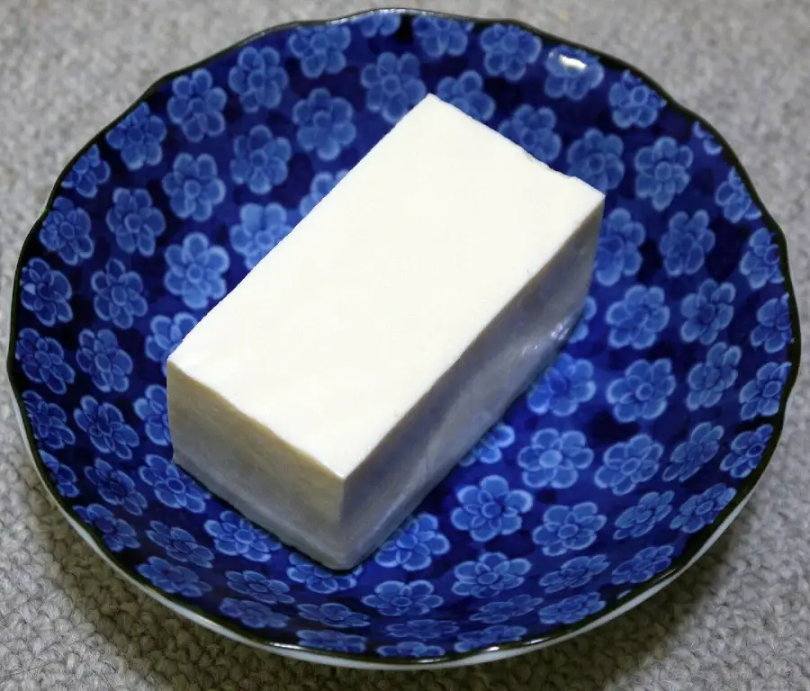 A rectangular block of white tofu sits in the center of a blue bowl decorated with a floral pattern, placed on a textured gray surface.
