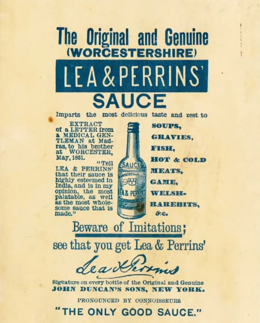 Vintage Lea & Perrins Worcestershire Sauce ad with a bottle image, promotional text, and a warning against imitations. Lists uses like soups, gravies, fish, and reads, "The ONLY GOOD SAUCE." Blue text on a yellowed background.
