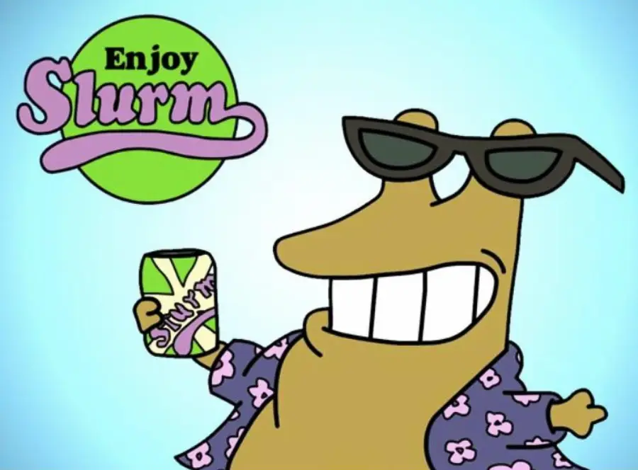 A cartoon slug in sunglasses and a floral shirt smiles and holds a can labeled "Slurm." Above, a green circle reads "Enjoy Slurm" in playful fonts. The background is light blue.