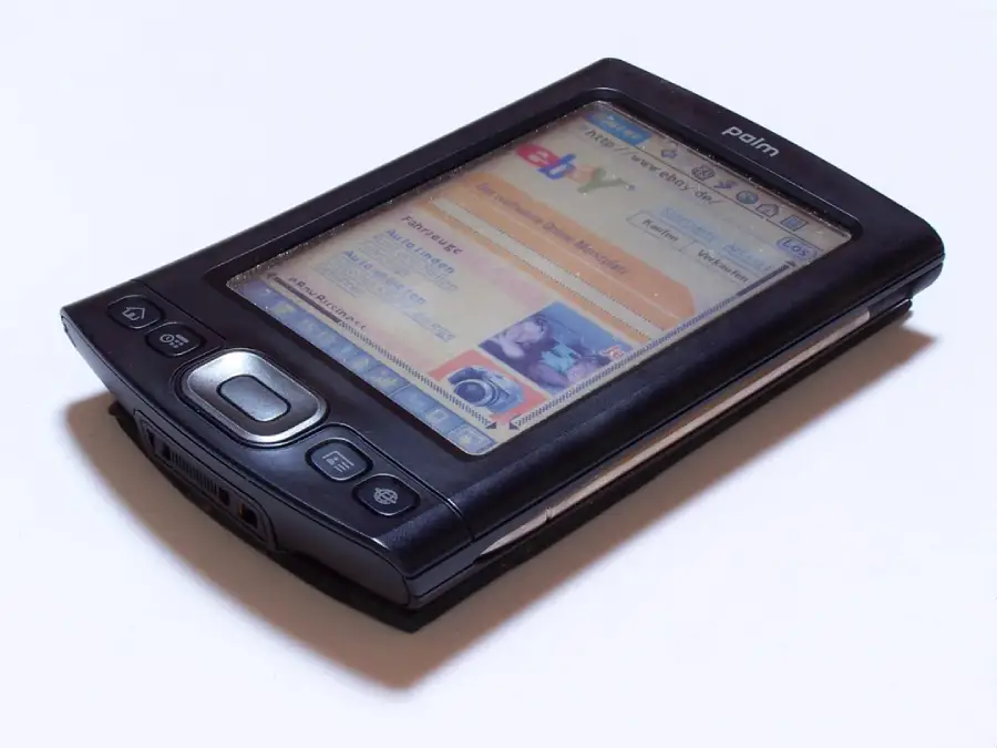 A black Palm handheld PDA displays a colorful eBay website on its screen, shown at an angle on a white background.