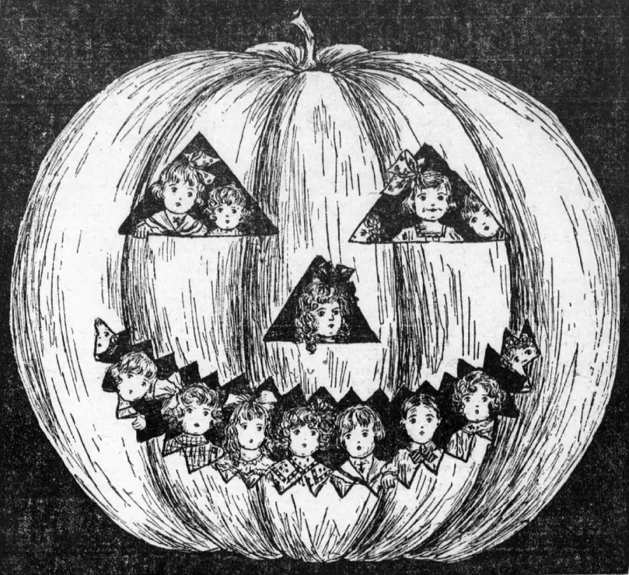 A vintage drawing of a jack-o'-lantern with cut-out eyes, nose, and mouth, each containing detailed illustrations of children's faces peeking out.