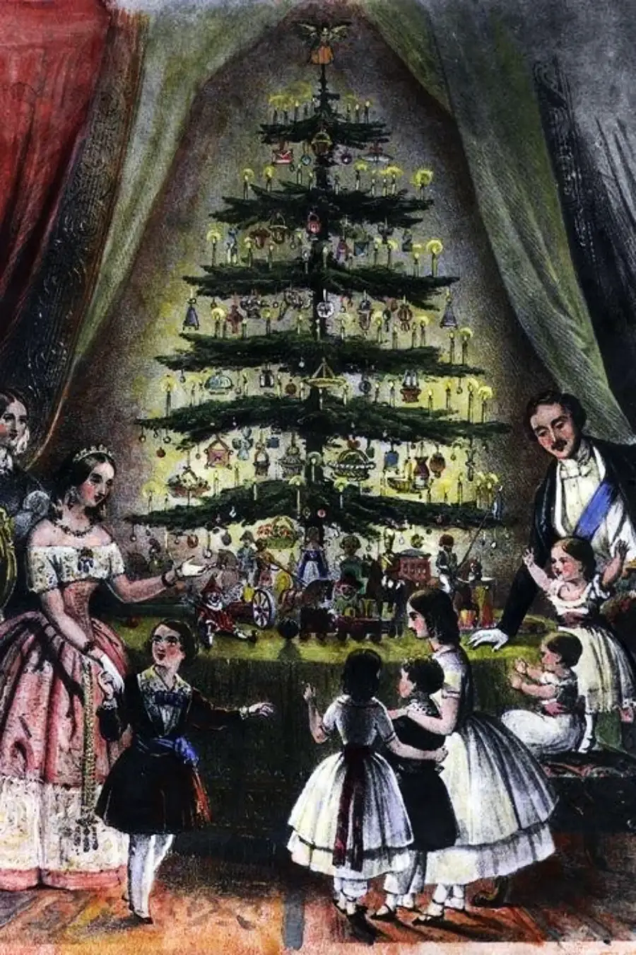 A Victorian-era family in formal dress gathers around a decorated Christmas tree with candles and ornaments, as children admire the gifts beneath it. The scene is festive and warmly lit, evoking a 19th-century holiday celebration.
