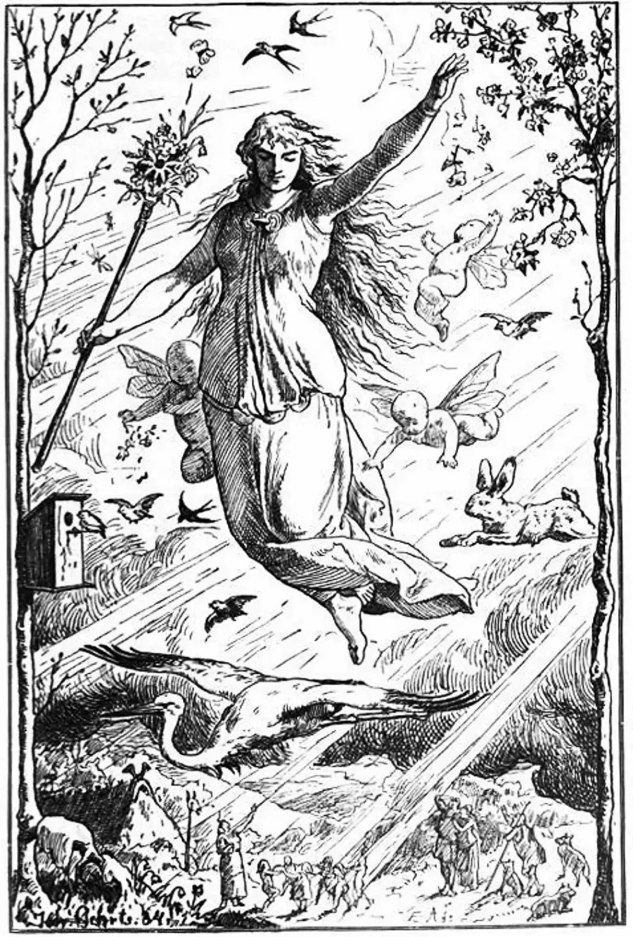 A woman with long hair and a staff floats above animals, birds, and children with wings, in a nature scene with trees, clouds, and sunlight.