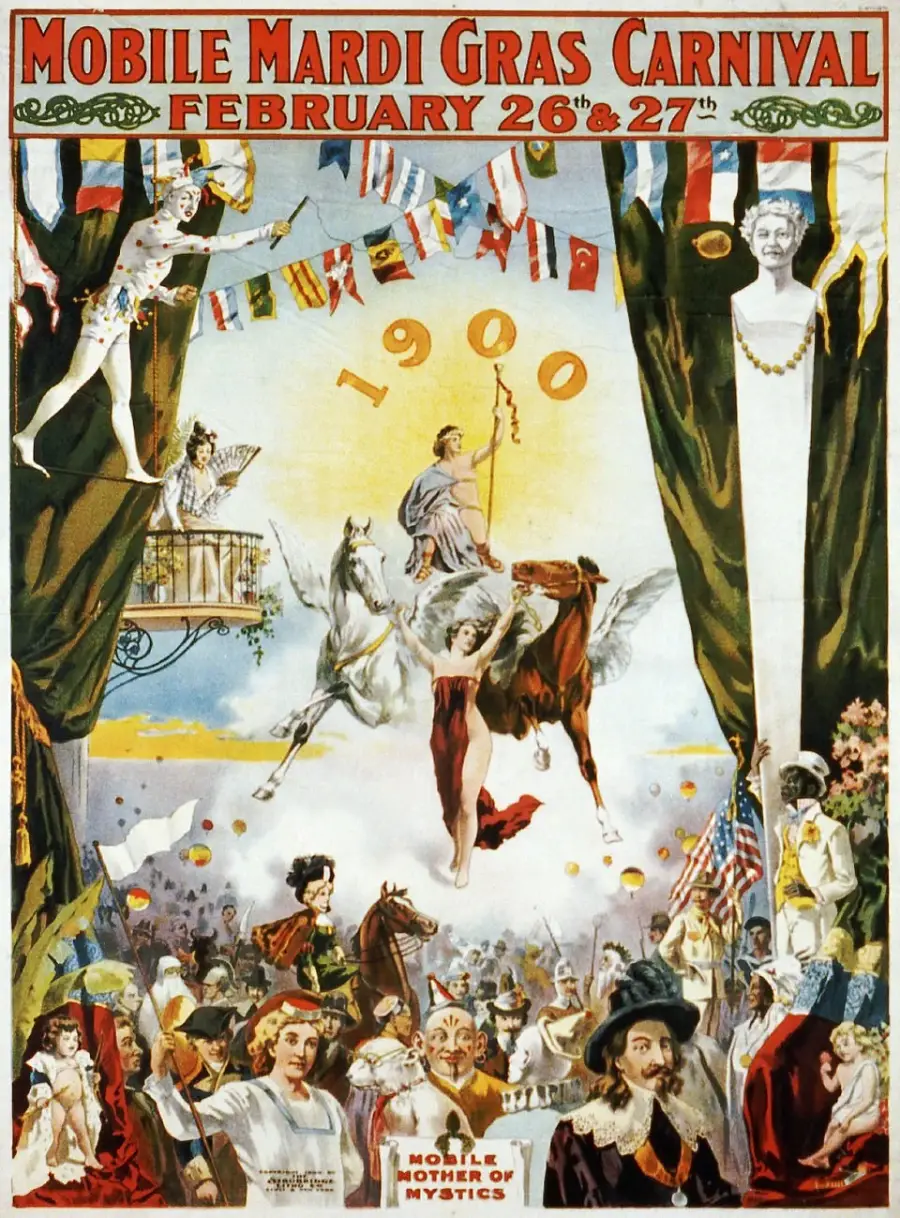 Colorful vintage poster advertising the 1900 Mobile Mardi Gras Carnival, showing festive crowds, floats, flags, costumed figures, and performers beneath a sky with “1900” in gold balloons.