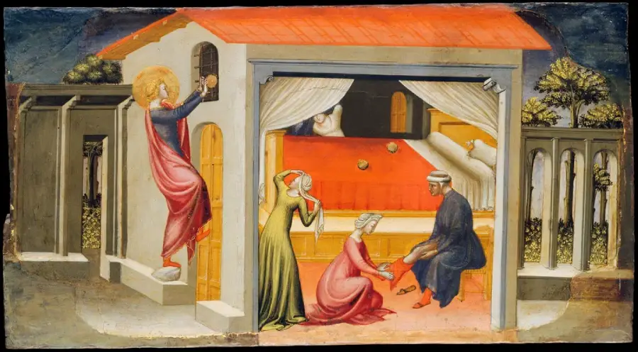A medieval scene shows three people near a house; one kneels washing a man's feet, another stands with hands raised, and a fourth figure climbs a ladder to a window. A bed is visible inside the house.