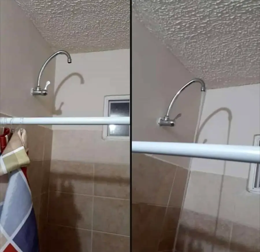 A showerhead is installed on the wall, but there is no actual shower attached, only the pipe and fixture casting a shadow. The image is split into two nearly identical sides.