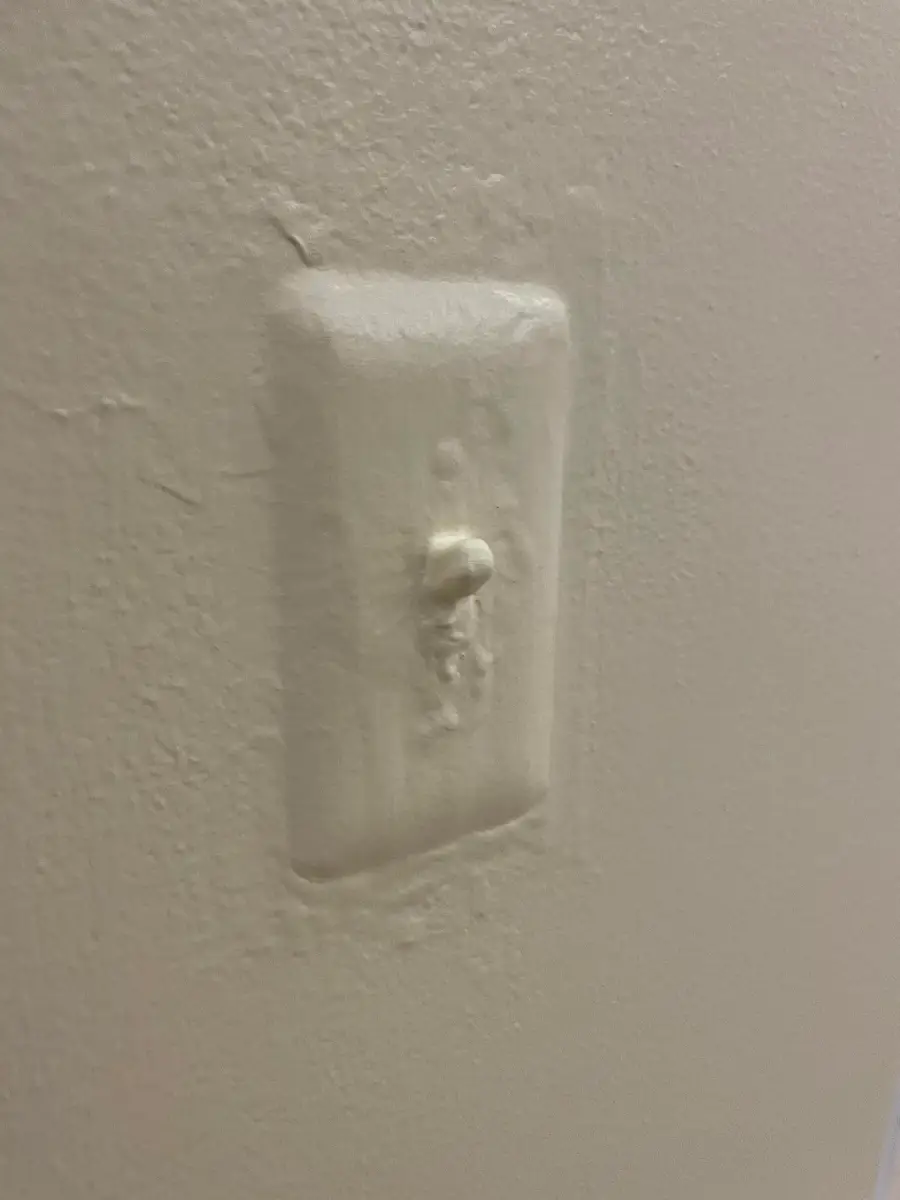 A light switch plate is covered in paint, blending into the wall, with a switch barely protruding through the thick layer of paint.