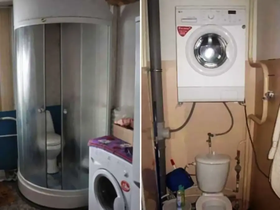 A toilet is inside a shower enclosure on the left, and a washing machine is mounted above a toilet on the right. Both setups show unusual bathroom layouts.