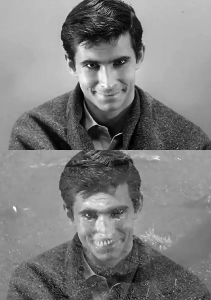 Two black-and-white photos of a man with dark hair, wearing a collared shirt and a coat, smiling intensely. The top image is clear, while the bottom image is faded and eerie, making his features appear unsettling.