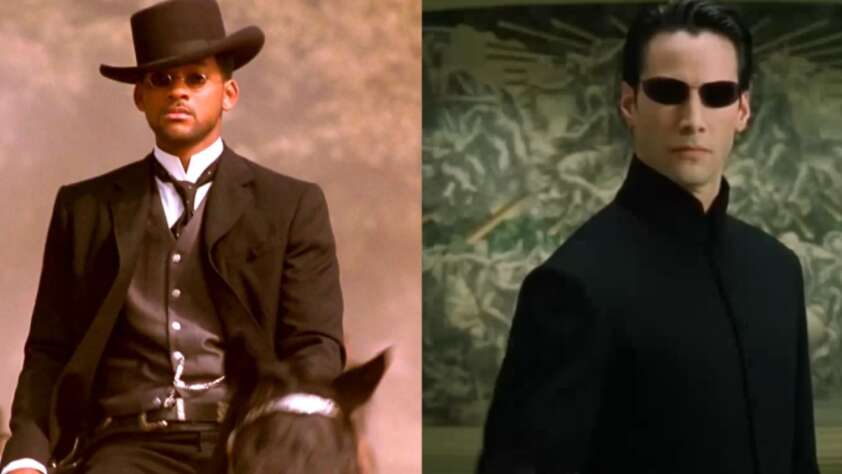 Split image: Left shows a man in a black suit and cowboy hat riding a horse; right shows a man in a black coat and sunglasses standing confidently indoors with a blurred green-toned background.