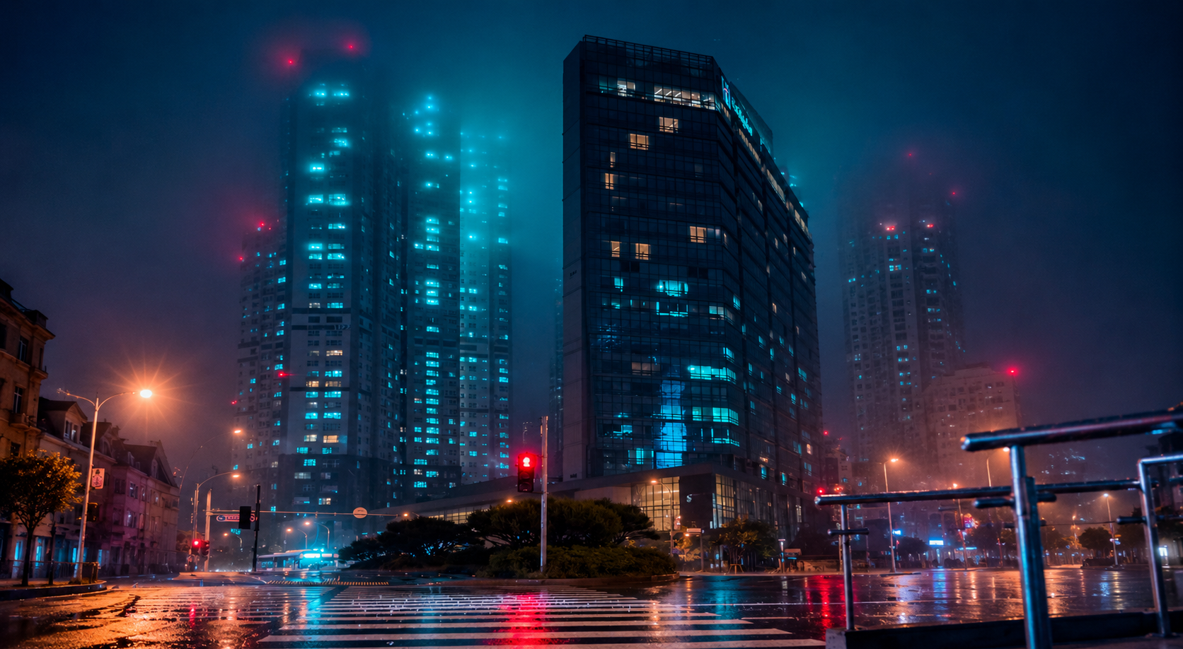 High-rise buildings with illuminated windows glow in blue and red light on a rainy night. Street lights reflect off the wet road, and a misty fog surrounds the cityscape, creating a moody urban atmosphere.