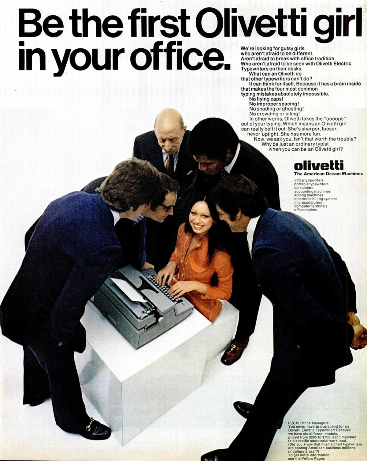 A woman in orange types at a typewriter, surrounded by five men in suits who watch her. The text promotes being the "first Olivetti girl" in an office and advertises Olivetti typewriters.