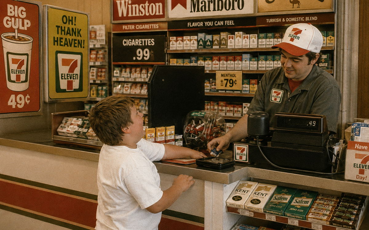 A young boy smiles at a cashier behind the counter of a 7-Eleven store, surrounded by cigarette packs and colorful signage. The cashier is wearing a cap and uniform, ringing up a purchase.
