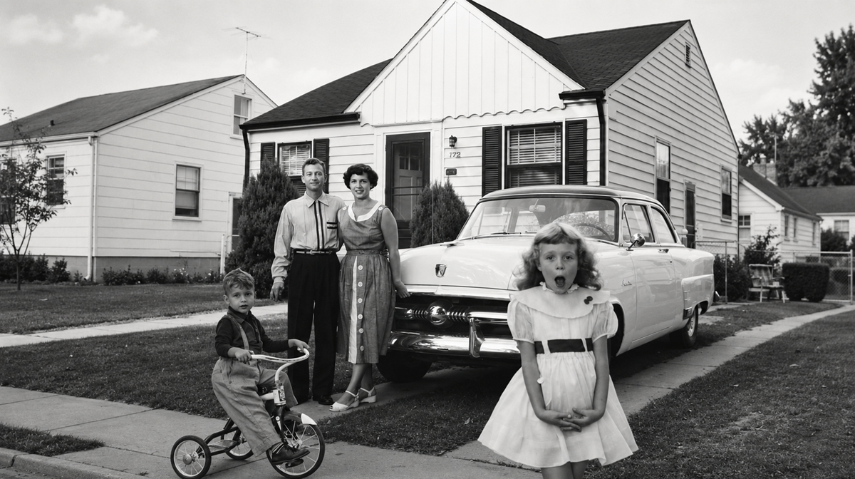 A vintage black-and-white photo shows a family of four outside a house: a man, woman, young boy on a tricycle, and a girl making a funny face in the foreground with a classic car parked behind them.