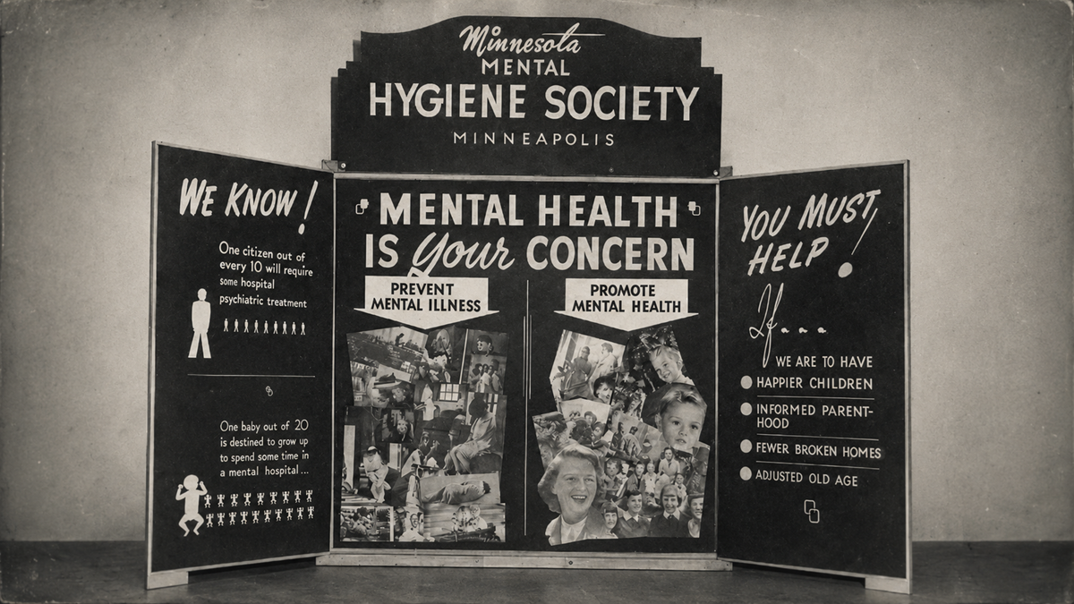 A vintage display board from the Minnesota Mental Hygiene Society promoting mental health awareness, with photos, statistics, and messages encouraging prevention, support, and involvement in mental health care.