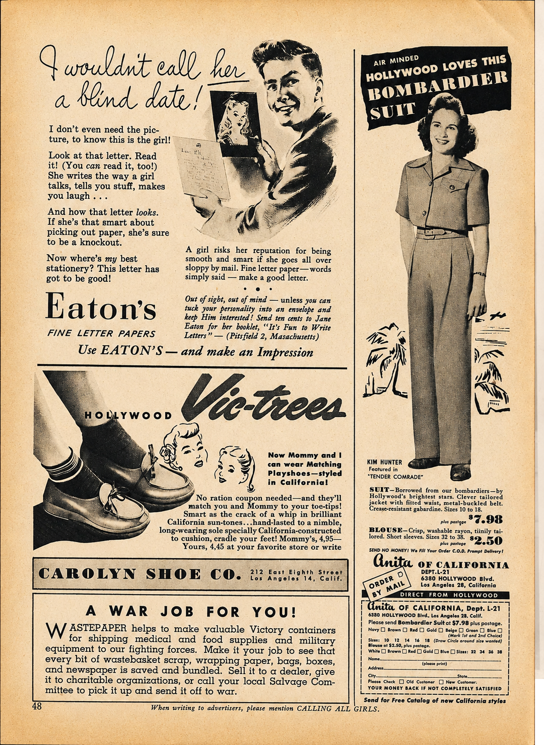 Vintage magazine page with ads for letter paper, shoes, and a promotion for a women's bomber-style suit; includes illustrations of a man writing, a woman modeling the suit, and bold, playful headlines.