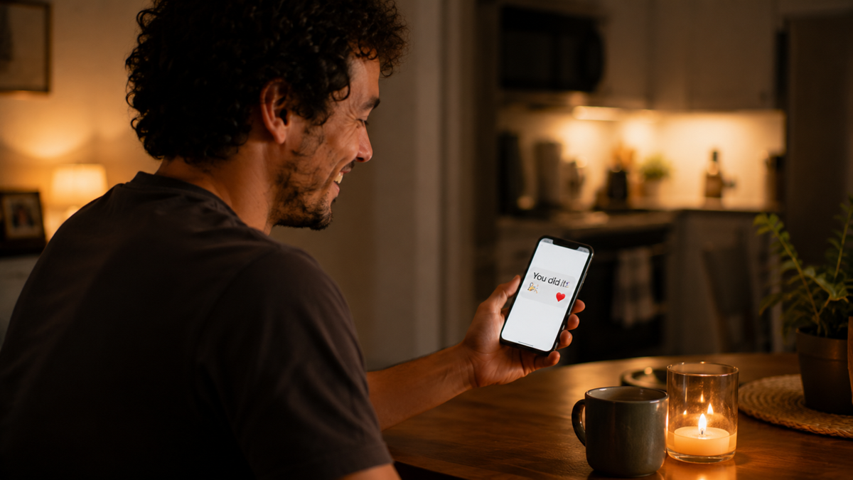 A man sits at a table with a candle and mug, smiling at his phone, which displays the message "You did it!" with a red heart. The background shows a cozy, softly lit kitchen.