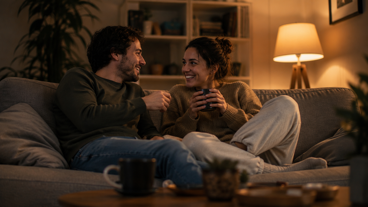 A man and woman sit close together on a cozy couch, smiling at each other. The woman holds a mug, and a warm lamp glows in the background, creating a relaxed, intimate evening atmosphere.