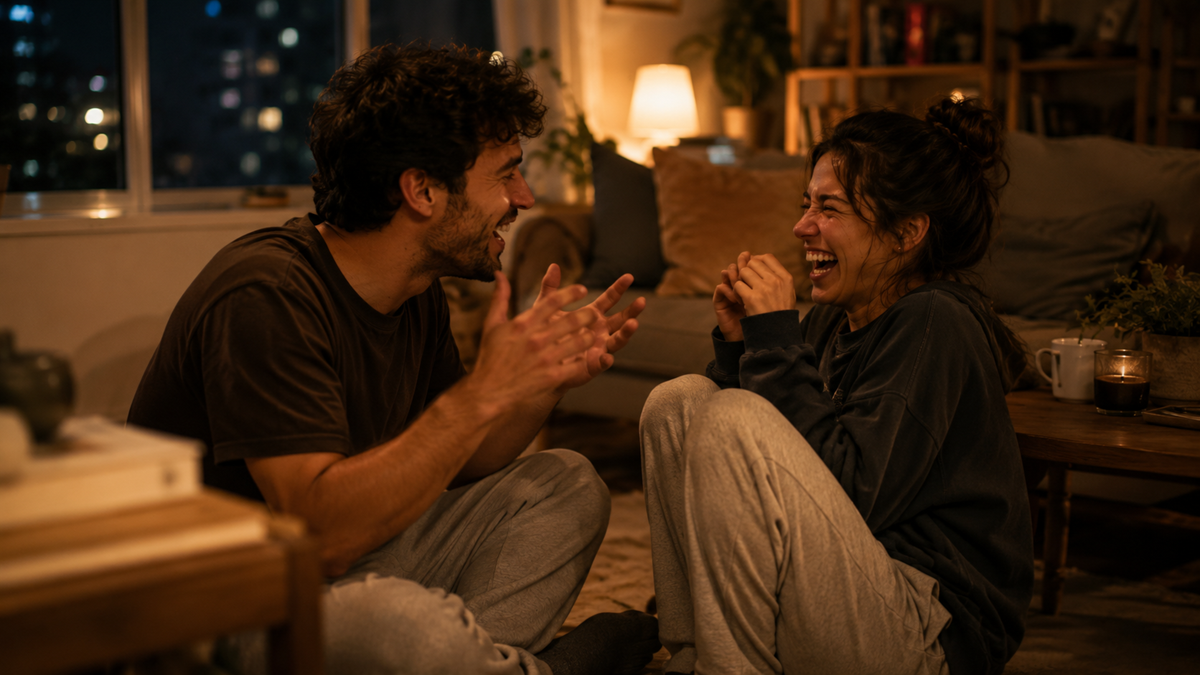 Two people sit cross-legged on the floor in a cozy living room, laughing and facing each other, surrounded by warm lighting and homey decor.