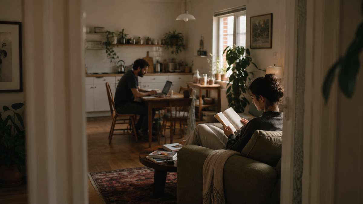 A woman reads a book on a couch while a man works on a laptop at a kitchen table in a cozy, plant-filled apartment with warm lighting.