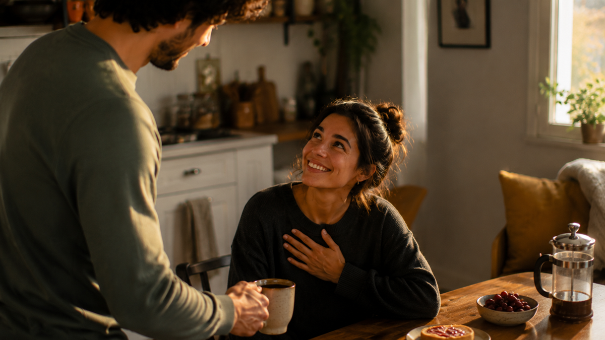 A woman sits at a kitchen table smiling up at a man standing beside her, handing her a mug. Sunlight streams in, creating a warm, cozy atmosphere. The table has a bowl of fruit, a French press, and plates.