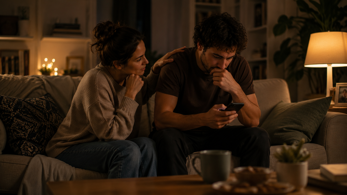 A woman sits beside a man on a couch, comforting him as he looks worriedly at his phone. The room is softly lit, creating a warm, intimate atmosphere.