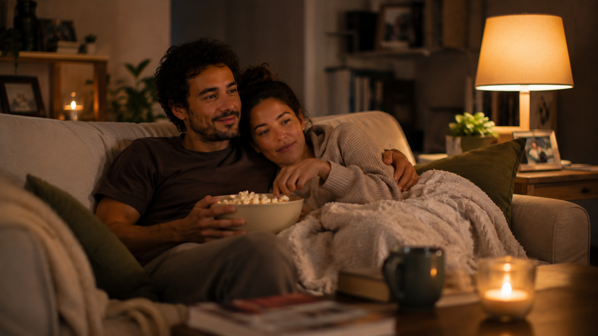 A couple sits on a cozy couch under a blanket, sharing a bowl of popcorn. Warm lighting and candles create a relaxed, intimate atmosphere in the living room.