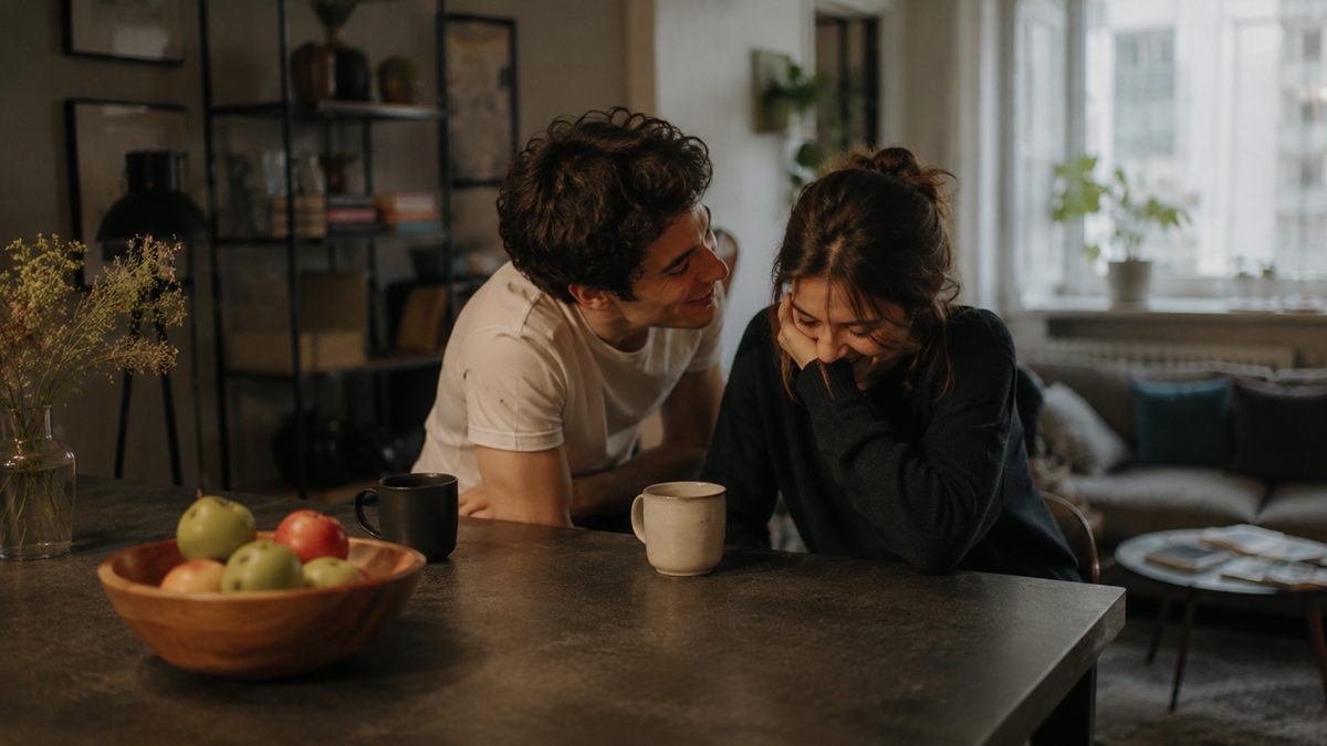 A smiling man leans toward a woman who is shyly smiling with her head down at a kitchen counter. Two mugs and a bowl of fruit are on the counter. The background shows shelves and a window.