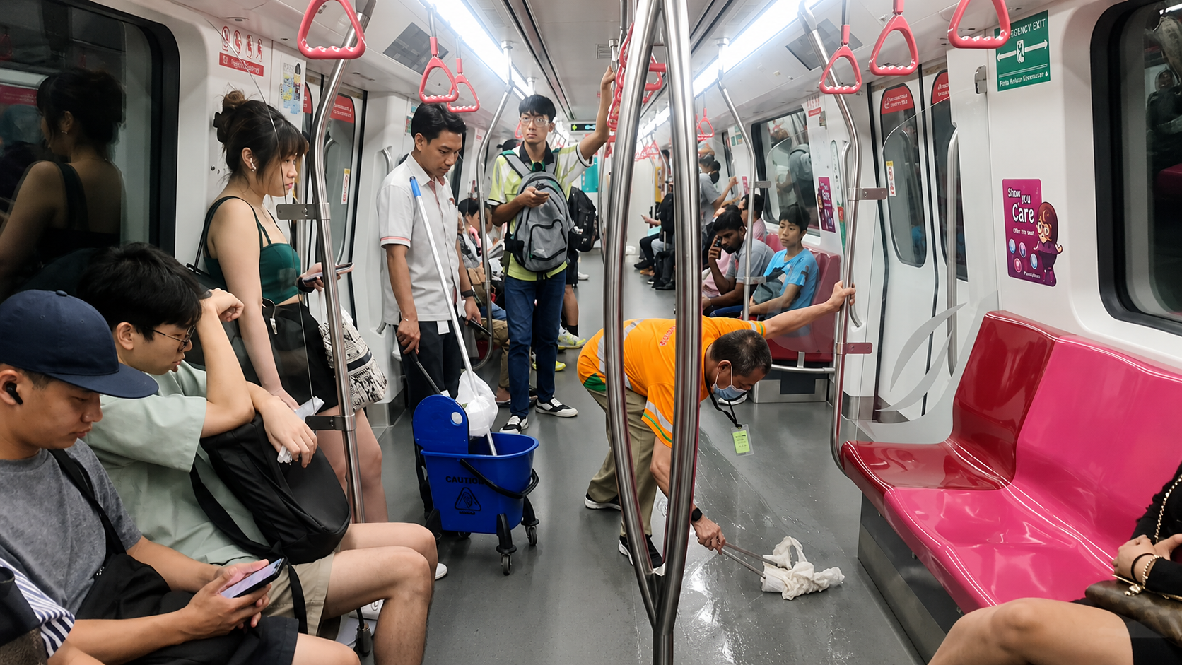 A subway cleaner mops a wet floor in a train carriage while passengers sit and stand, some using phones or listening to music. The train interior is bright with pink seats and hanging handrails.