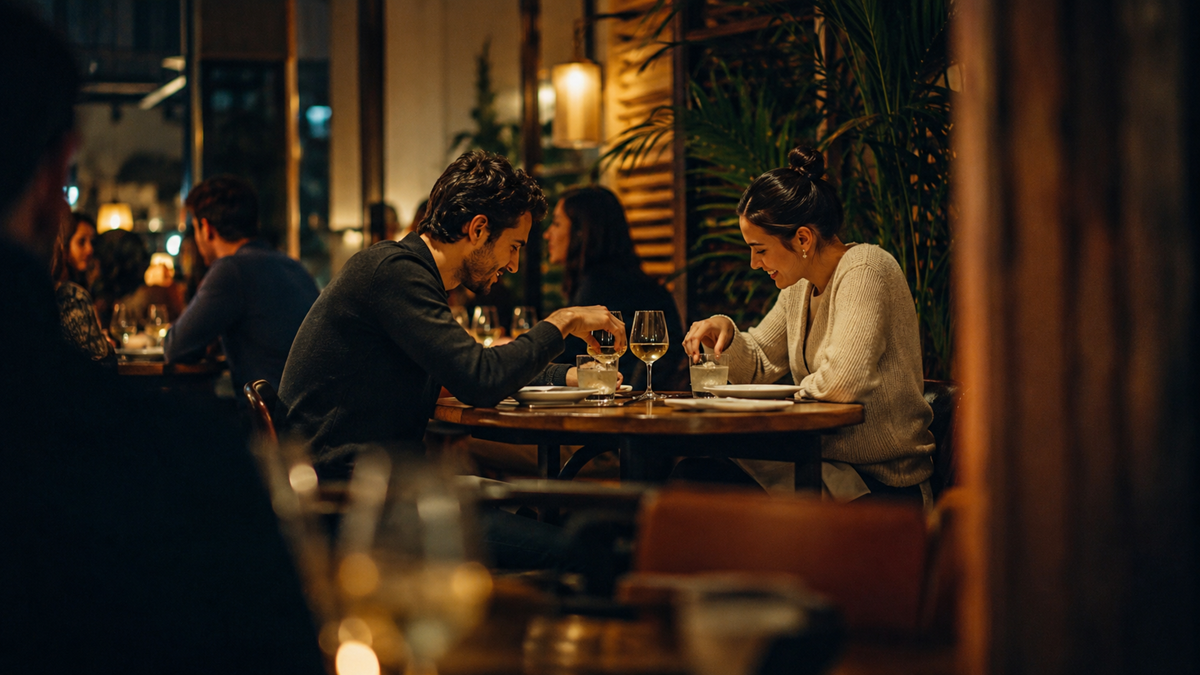 A man and woman sit across from each other at a candlelit restaurant table, smiling and holding hands, with wine glasses, plates, and warm lighting in the background.